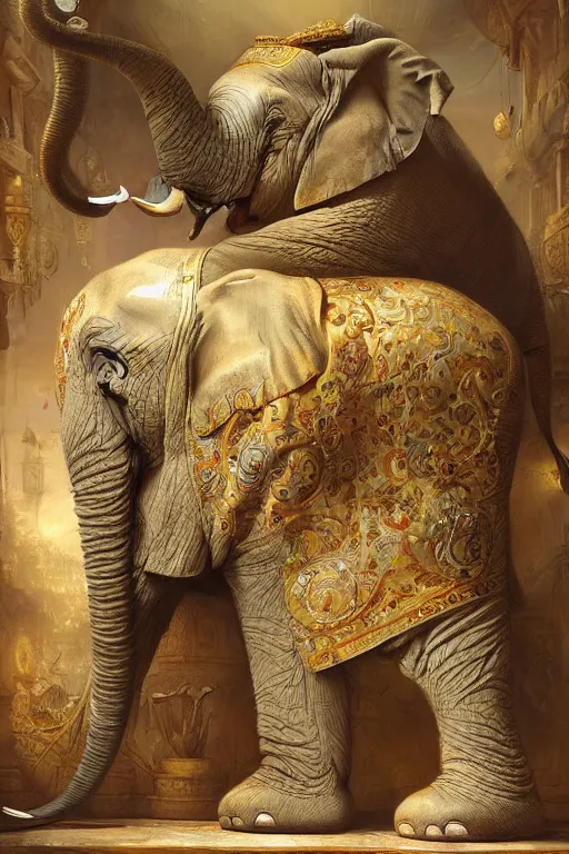 Image similar to one elephant in a porcelain shop, cgsociety, oil painting by justin gerard