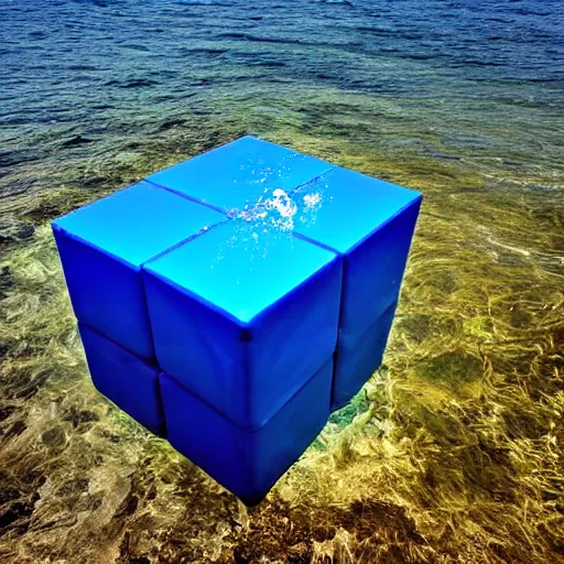 Image similar to a blue cube splashing into a turbulent lake