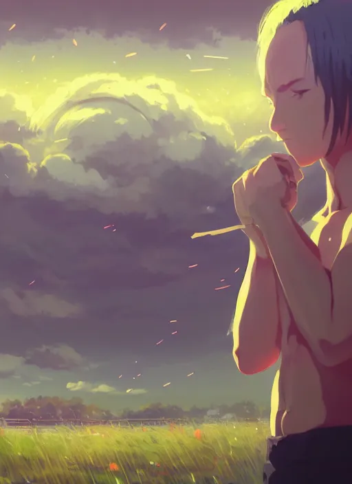 Prompt: portrait of sting, wrestling, wwe, cloudy sky background lush landscape illustration concept art anime key visual trending pixiv fanbox by wlop and greg rutkowski and makoto shinkai and studio ghibli