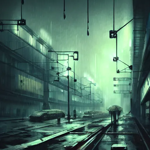 Image similar to raining dark smog wide angle shot machinery dieselpunk dystopia corrogated steel overhead walkway trending on artstation megalomaniac city