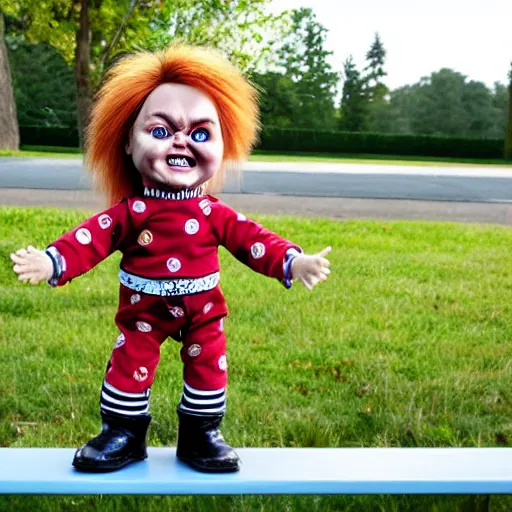 Prompt: chucky the killer doll standing on a park bench