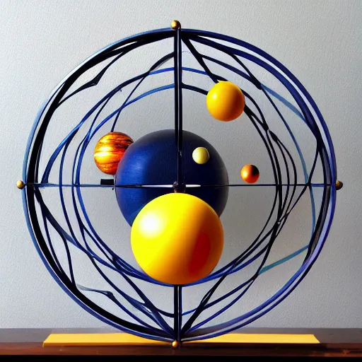 Prompt: a kinetic sculpture of this solar system, sun, mercury, venus, earth, mars, jupiter, saturn, uranus, neptune, pluto, orrery, canon 5 d 5 0 mm lens, papier - mache, studio, artificial intelligence