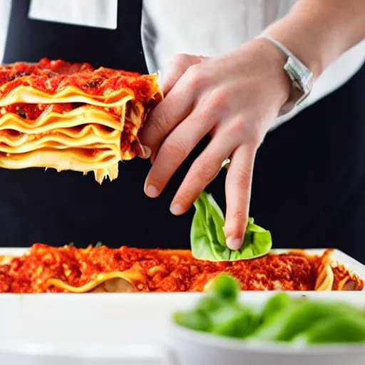 Image similar to woman cutting a lasagna in pieces