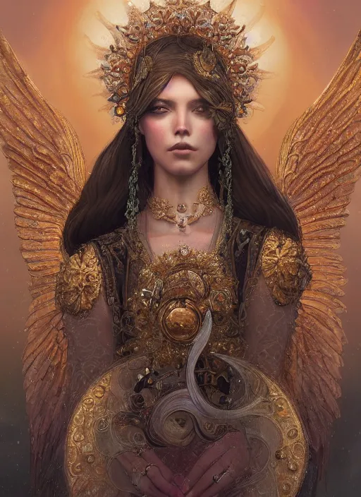 Image similar to A beautiful digital painting of a female Seraphim full of jewels, princess, the moon behind her, intricate, cinematic lighting, highly detailed, digital painting, Artstation, concept art, smooth, sharp focus, illustration, art by Tom Bagshaw, Artgerm and Greg Rutkowski