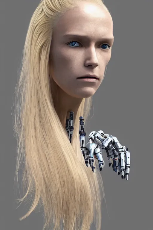Image similar to robot with human face, female head, full body angle, woman human face, human face realistic, beautiful blonde hair, human head, human head with blonde hair, blonde hair human head, blonde hair, human realistic face, human head skin, cyborg frame concept, cyborg by ales-kotnik, sci-fi android female, the body is made of wires, robotic body, cyborg body, cyborg bust body, robot body cyborg, full body