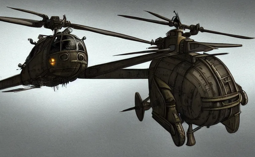 Prompt: concept art of huge dieselpunk massive helicopter