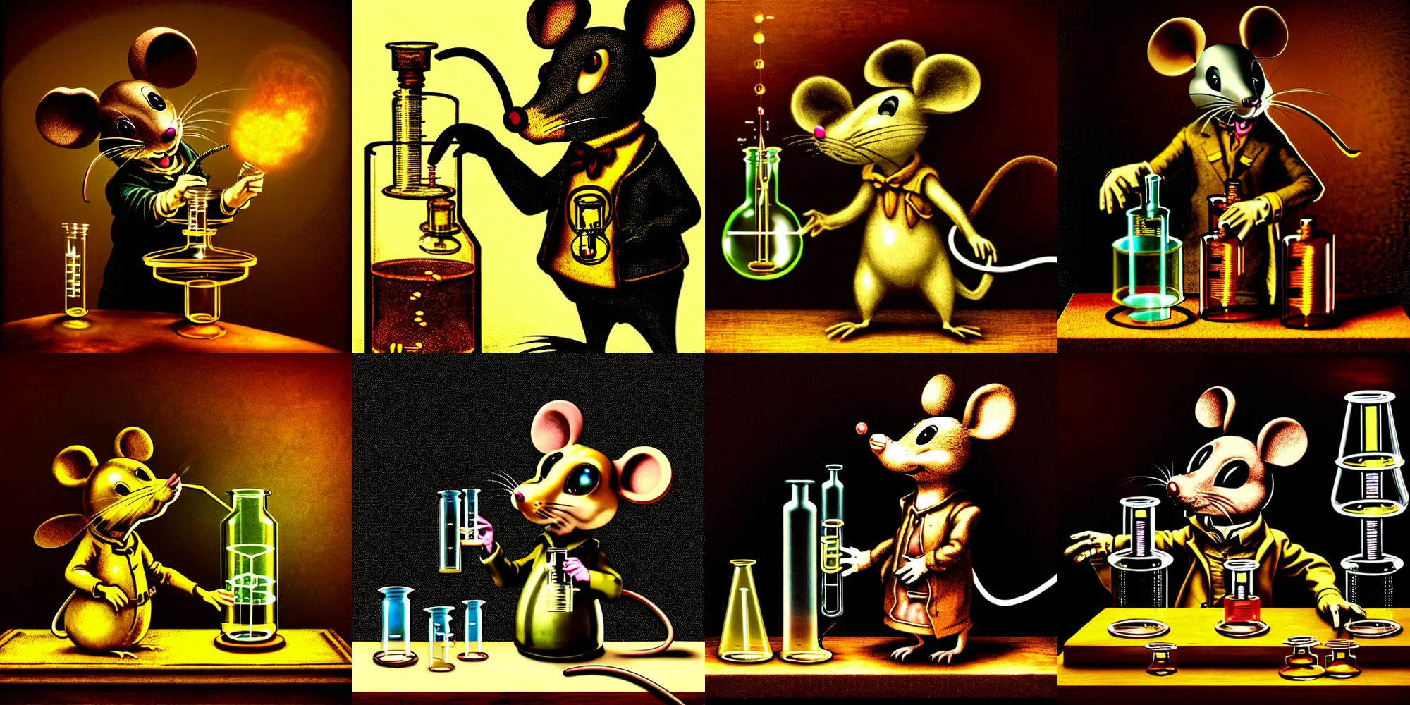 Prompt: anthropomorphic steampunk mouse performing a chemistry experiment with bright radioactive beakers, realistic, chiaroscuro, renaissance art, realistic, intricate textures