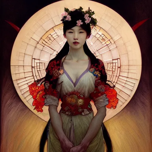 Image similar to A portrait of The bride in a Chinese wedding by Ross Tran!!! and alphonse mucha and greg rutkowski! and Gustave Doré!! and Zdzisław Beksiński!,In style of Impressionism.Symmetry.Highly detailed face.Fantasy,smooth,hyper detailed,sharp focus,Soft light.trending on artstation.oil on canvas