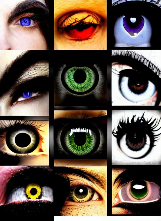 Image similar to grid montage of cube shaped eyes, square shaped black dilated pupils, cube shaped irises, detailed colored textures, square eyelashes, advanced art, art styles mix, from wikipedia, wet reflections in square eyes, sunshine light, hd macro photograph, from side, various eyelid positions, square black pupil centered