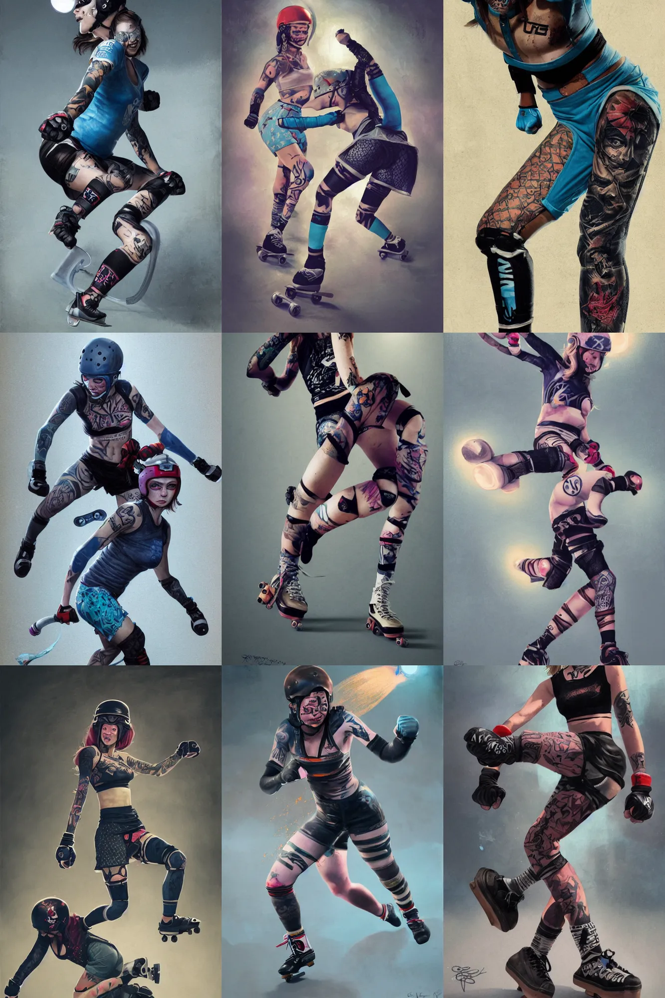 Prompt: tattooed girl , roller derby girl sprinting Cross-Over, wearing skate helmet, knee pads, elbow pads,full length portrait, fishnet tights, torn, ripped, fists in the air, illustration by greg rutkowski, bright blue back lighting