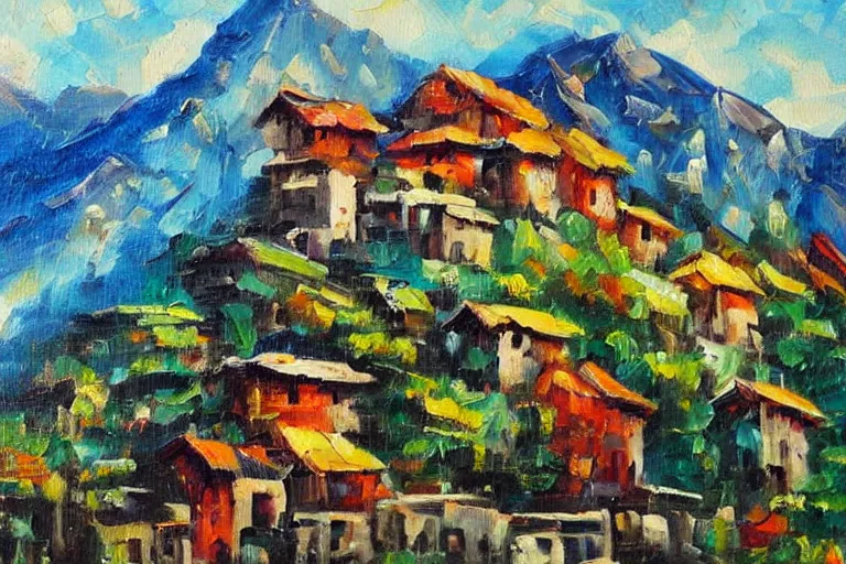 Prompt: beautiful mountain village, oil painting, oil in canvas, brushstrokes