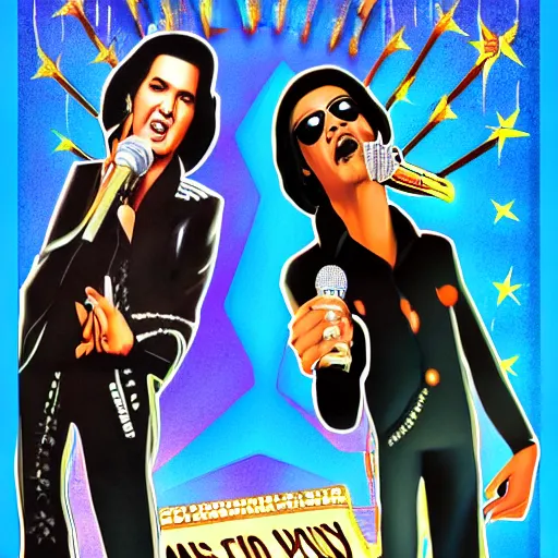 Image similar to elvis presley and snoop dog singing a duet one microphone, in las vegas, detailed, beautiful, colorful, promotional poster, digital art