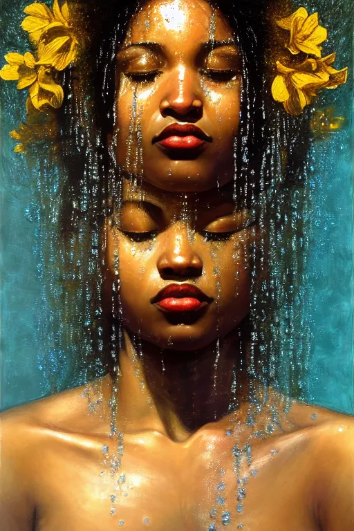 Image similar to hyperrealistic precisionist cinematic profile very expressive! oshun goddess, in water! john everett millais, mirror dripping droplet!, gold flowers, highly detailed face, digital art masterpiece, smooth eric zener cam de leon, dramatic pearlescent turquoise light on one side, low angle uhd 8 k, shallow depth of field