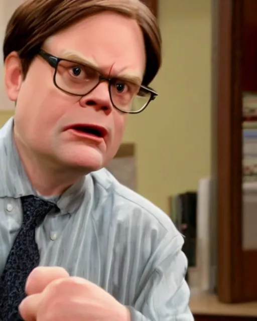 Image similar to film still from the office, dwight schrute as a muppet. highly detailed felt. hyper real photo. 4 k.