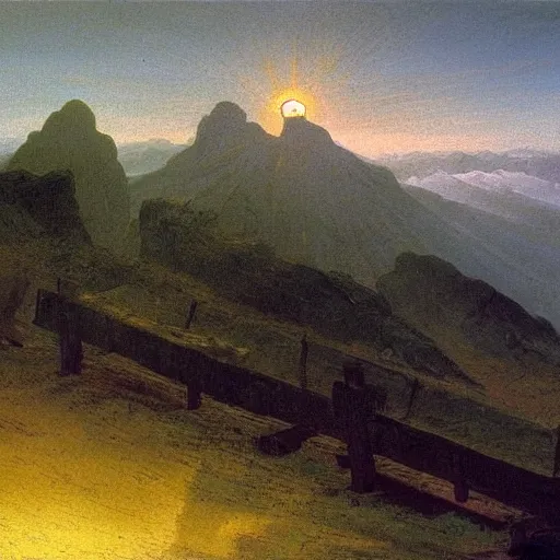 Image similar to mountains above the clouds, village in the mountain, long parallel wooden platforms, tents, colors, misty clouds, sun at dawn, painting by caspar david friedrich