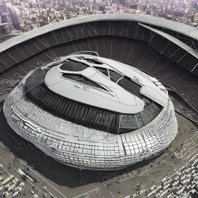 Image similar to a futuristic stadium with a giant artstation mecha, the stadium has a full crowd, unreal engine, hyper realism, realistic shading, cinematic composition, realistic render, octane render, wide shot