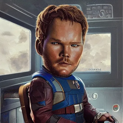 Image similar to the actor chris pratt as star lord sitting beside the doll chucky from child's play, inside a starship, oil painting, by greg rutkowski