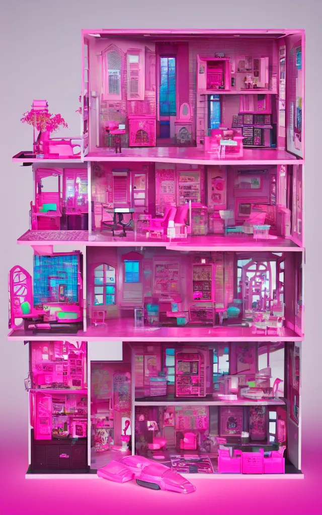 Image similar to a cute pink cyberpunk doll house, barbie house by mattel, octane rendered, led lighting, 4 k