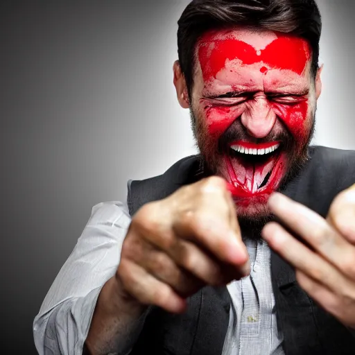 Image similar to a man with bloodshot eyes pointing at his computer screen and laughing