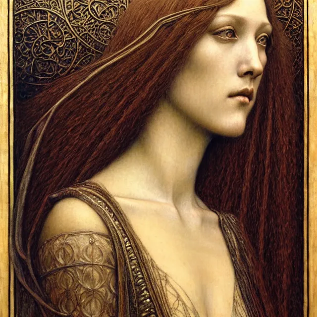 Image similar to detailed realistic beautiful young medieval queen face portrait by jean delville, gustave dore and marco mazzoni, art nouveau, symbolist, visionary, gothic, pre - raphaelite. horizontal symmetry