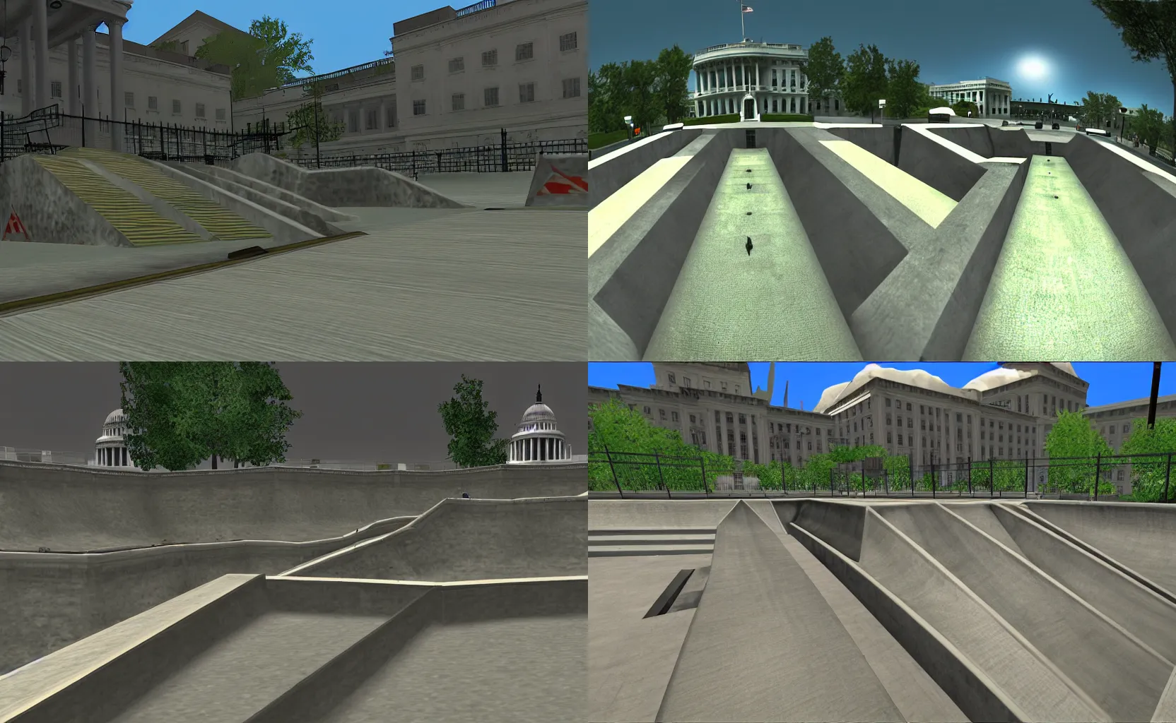 Prompt: thps 2 level, ps 1 graphics, white house, vert ramp, rails, rails, fisheye lens