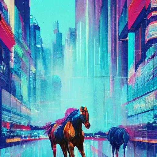 Image similar to 4 0 1 1 6 7 1 9 2 4 a graph style gauche impasto, horses, cyberpunk art by james gilleard, city depth of field, cgsociety, retrofuturism, synthwave, retrowave, outrun, painting, pastel colors, high detail.