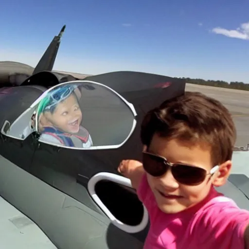 Image similar to Selfie of child joyriding in stolen fighter jet