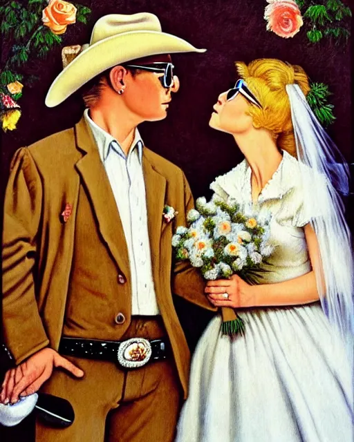 Prompt: masterpiece painting of the Milkybar kid with blonde hair, cowboy hat and glasses, kissing dog bride, on the altar, at their wedding. In the style of Norman Rockwell