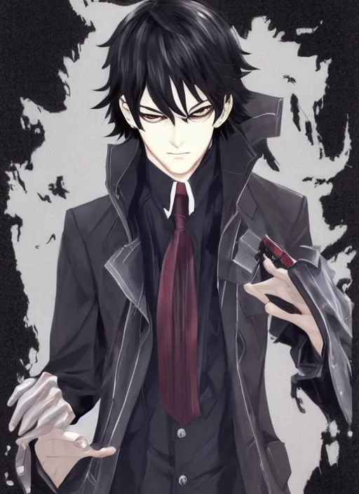 Prompt: portrait illustration by shigenori soejima, handsome male vampire, focus on face, pretty, long black hair, dark blue shirt, light brown trenchcoat