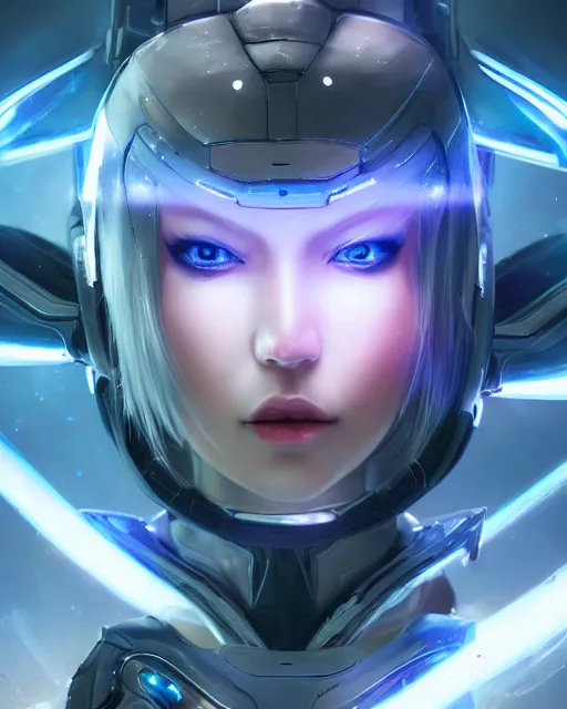 Image similar to perfect android girl on a mothership, warframe armor, beautiful face, scifi, futuristic, galaxy, nebula, raytracing, dreamy, long white hair, blue cyborg eyes, sharp focus, cinematic lighting, highly detailed, artstation, divine, by gauthier leblanc, kazuya takahashi, huifeng huang