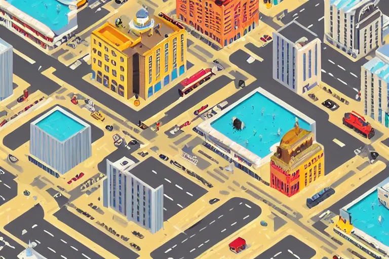 Prompt: isometric illustration of a city scape by Wes Anderson, hyperrealistic, photorealistic, artstyle, highly detailed, sharp