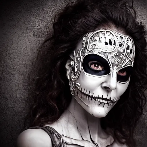 Image similar to A new dark hero for blockbuster movies. A beautiful woman wearing a silver skeletal mask, engraved with ancient detailed patterns. Attractive eyes. A fearless smile. Blurred background. Earrings.