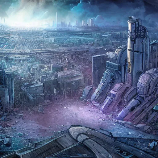 Prompt: A ruined cityscape with a sky that is a cosmos of broken planets by Daniel Sampere. Hyperdetailed. 8K Resolution. Comic Illustration. HD. 16k resolution HD HDR. Blue and Purple colored.