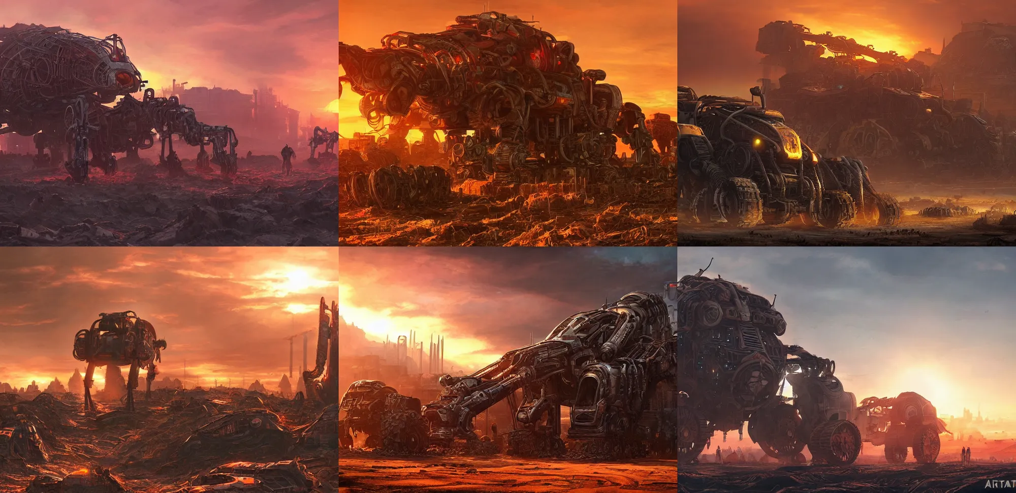 Prompt: gargantuan mechanised vegetabes roaming the wastes, apocalyptic, cybernetic, warm sunset lighting, trending on artstation