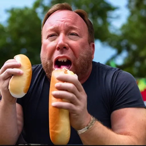 Prompt: alex jones eating hot dogs while shouting