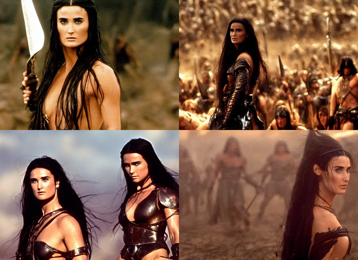 Prompt: epic photo of young demi moore as beautiful medieval sorceress with very long black hair, battle scene with a thousand warriors behind her in the background, sweaty, detailed eyes, neutral expression, shallow depth of field, photorealistic, cinematic lighting, lovely bokeh, warm colours, dusk, movie quality, conan the destroyer 1 9 8 5, movie still, cinemascope