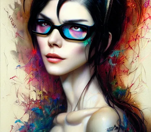 Image similar to a portrait of Bayonetta , tall, pale-skinned, by Stanely Artgerm,Tom Bagshaw,arthur adams,Carne Griffiths,trending on DeviantArt,street art,face enhance,chillwave,maximalist,full of color,glittering