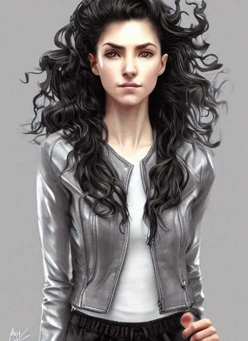 Prompt: girl in short white! top and short gray! leather jacket, long dark curly hair, high waist sweatpants, intricate, elegant, highly detailed, digital painting, artstation, concept art, smooth, clockwork, sharp focus, illustration, metart, art by artgerm and greg rutkowski and alphonse mucha, 8 k