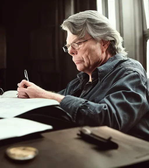 Image similar to hd pro studio photo portrait of stephen king writing book backlit dramatic next to dark tower cinematic technoir trending on Flickr artstation