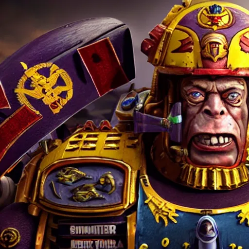 Image similar to nigel farage as a space marine in warhammer space marine splash art, movie still, cinematic lighting, dramatic, octane render, long lens, shallow depth of field, bokeh, anamorphic lens flare, 8 k, hyper detailed, 3 5 mm film grain