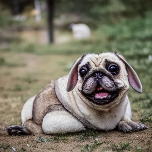 Image similar to a Rabbit-Pug Hybrid, A Rabbit that looks like a pug, huge tusks, afternoon hangout, good times photograph, candid