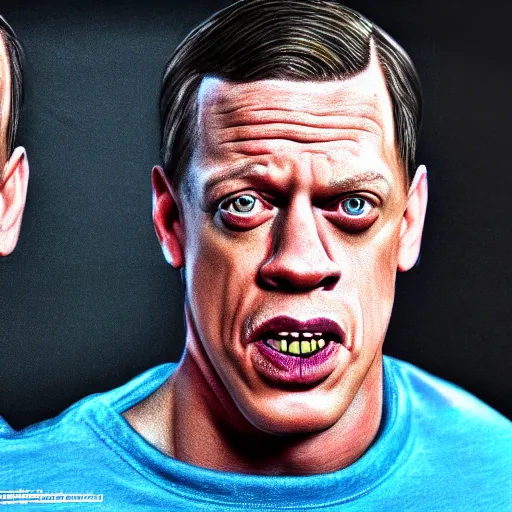 Image similar to the lovechild of john cena and steve buscemi from new jersey, realistic, hyperrealistic, 8 k resolution, hd quality, very detailed, highly detailed, intricate details, real life, real world, trending on artstation, 7 0 s photo