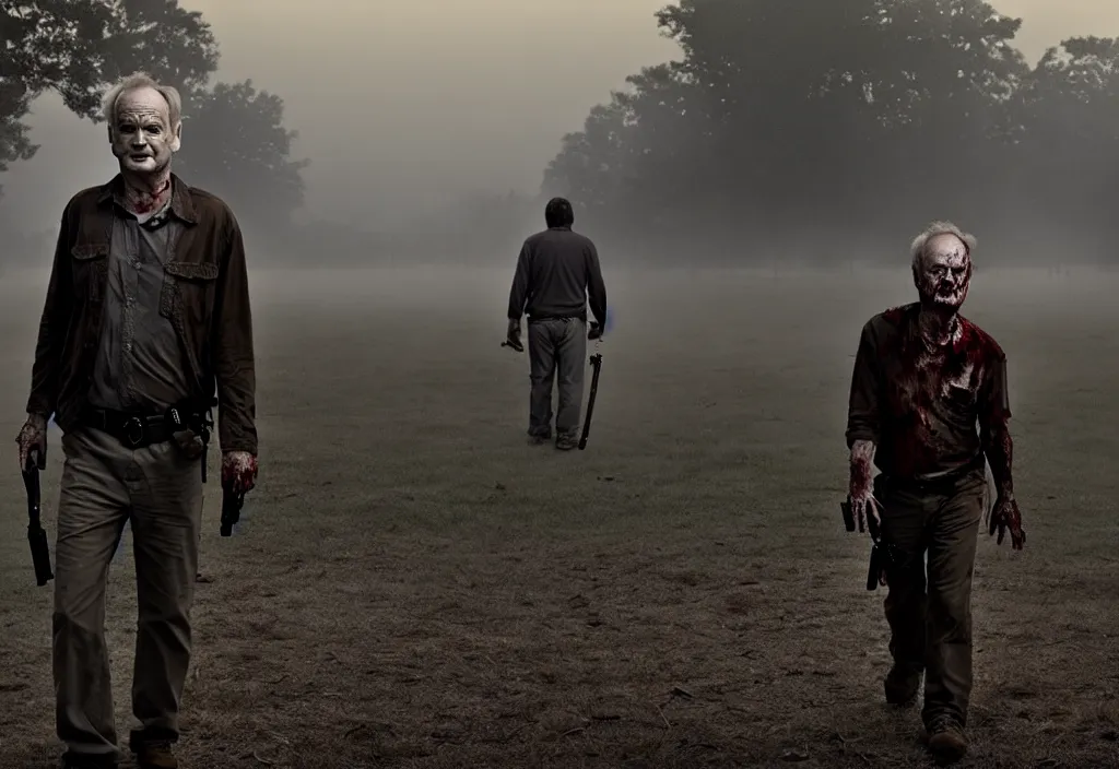 Image similar to cinematic movie still from the walking dead of bill murray as a zombie walking slowly toward the camera, misty dusk lighting, muted colours, cinematic lighting, ruined buildings,