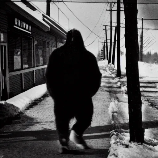 Image similar to a picture of bigfoot wearing a black and white striped ski mask and walking towards a store, taken on a WW2 camera.