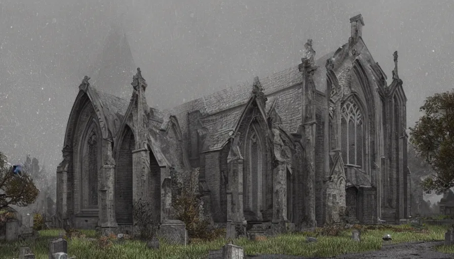 Prompt: abandoned old medieval damaged church at rainy morning, grey sky, muddy road, cemetery, hyperdetailed, artstation, cgsociety, 8 k