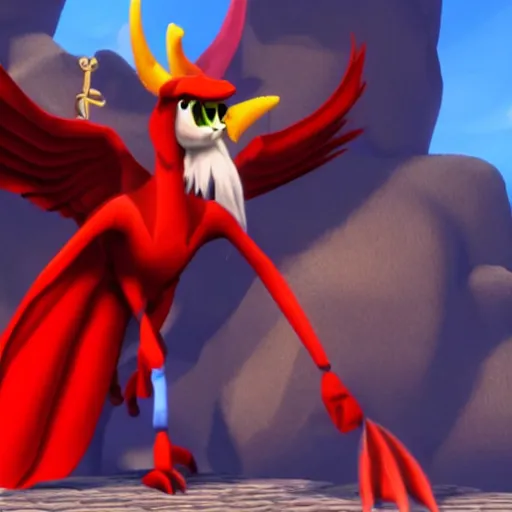 Image similar to screenshot of a humanoid gryphon bard with a red coat as an enemy in spyro the dragon video game, with playstation 1 graphics, activision blizzard, upscaled to high resolution