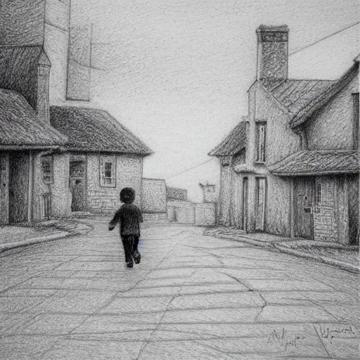 Prompt: rich detailed pencil drawing of little nicholas walking along a lonely village street, by jean - jacques sempe