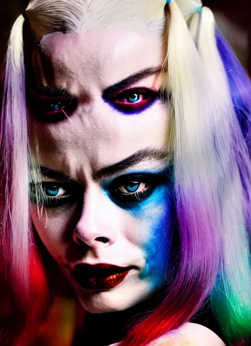 Image similar to 2 8 mm side portrait of beautiful suicide squad happy margot robbie with long white hair that looks like harley quinn, gotham city double exposure, angry frown, glamour pose, watercolor, frank miller, moebius, jim lee, annie leibowitz