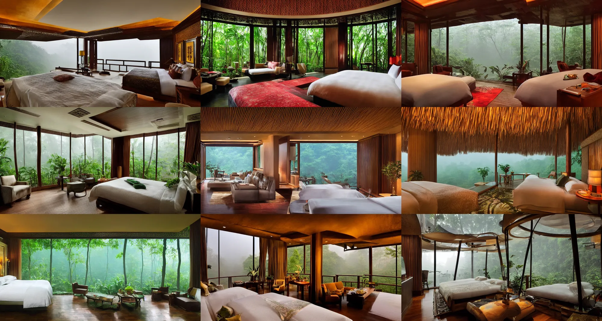 Prompt: a misty tropical forest room in a 5 star suite in Beijing