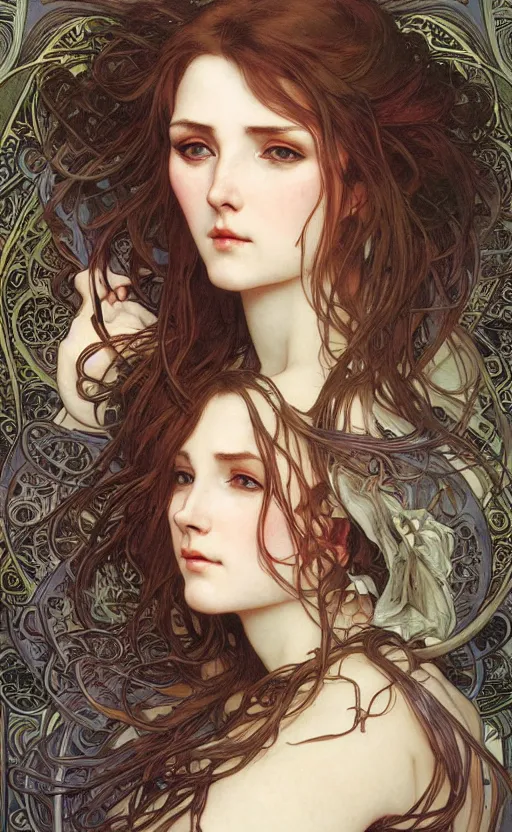 Prompt: hyper-realistic detailed face portrait of attractive mature woman by Alphonse Mucha, Ayami Kojima, Amano, Charlie Bowater, Karol Bak, Greg Hildebrandt, Jean Delville, and Mark Brooks, Art Nouveau, Neo-Gothic, gothic, rich deep moody colors